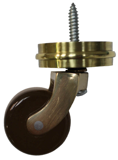 Brass Screw Castor with Brown Ceramic Wheel and Round Embellisher 38mm